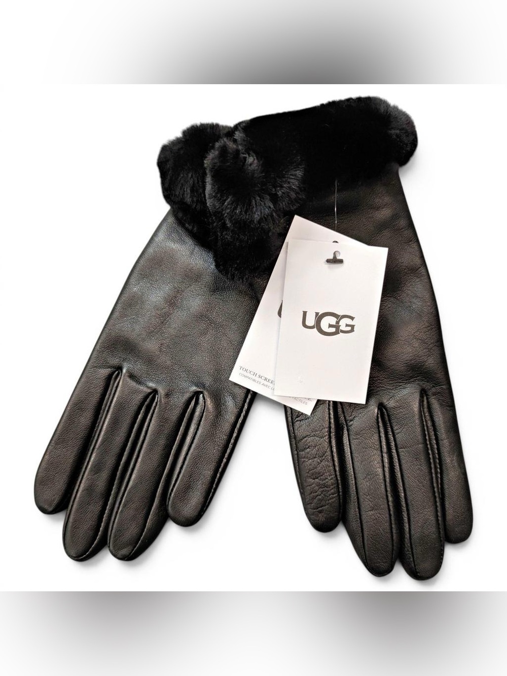 UGG Black Leather Gloves with Fur Cuff
